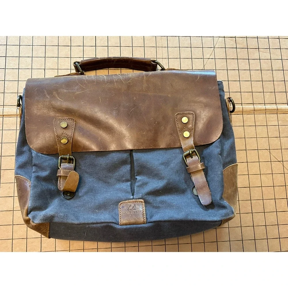 Langforth Messenger Bag Distressed Leather & Gray Canvas 14